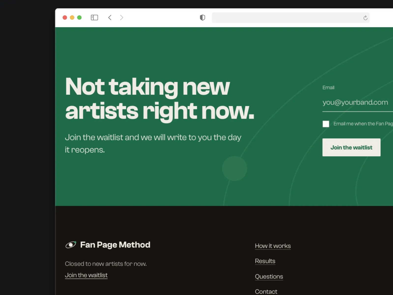 The waitlist band and footer, in forest green
