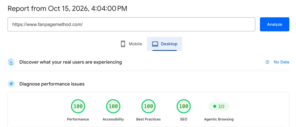 Google PageSpeed Insights for fanpagemethod.com on desktop: Performance 100, Accessibility 100, Best Practices 100, SEO 100