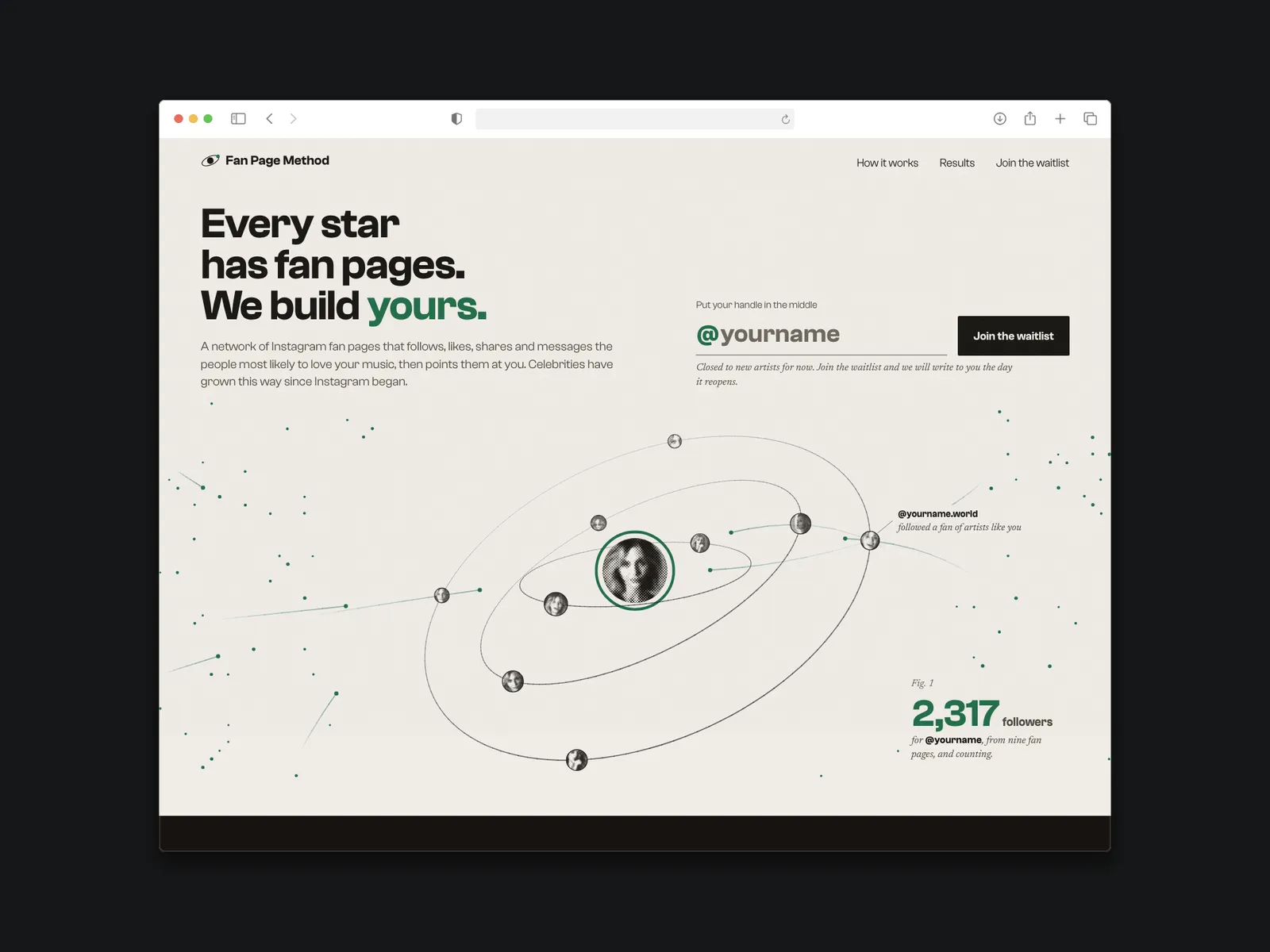The homepage, with the fan page diagram under the headline