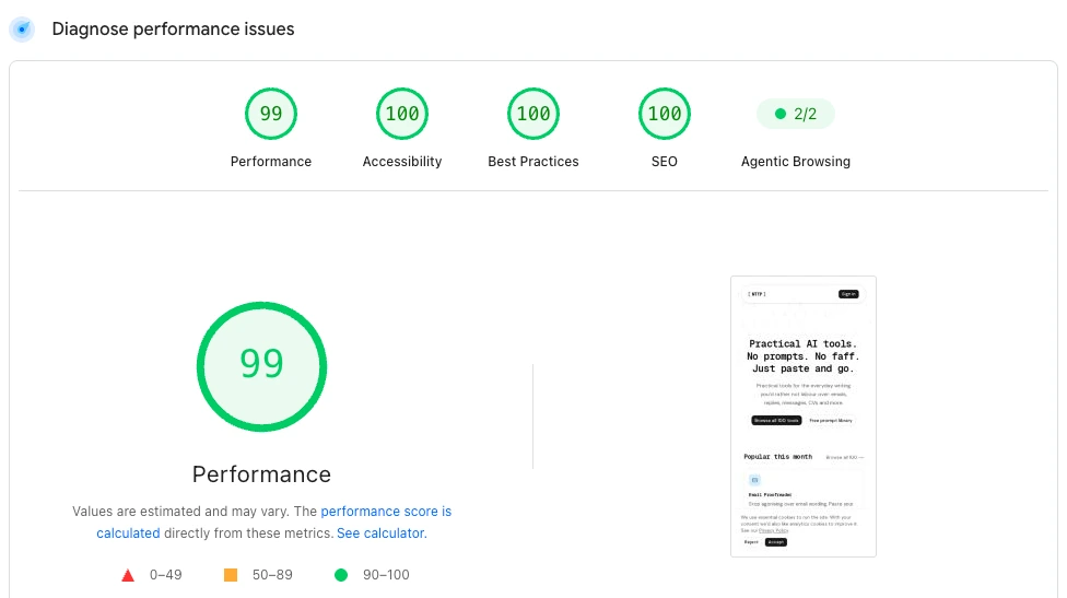 Google PageSpeed Insights on mobile: Performance 99, Accessibility 100, Best Practices 100, SEO 100
