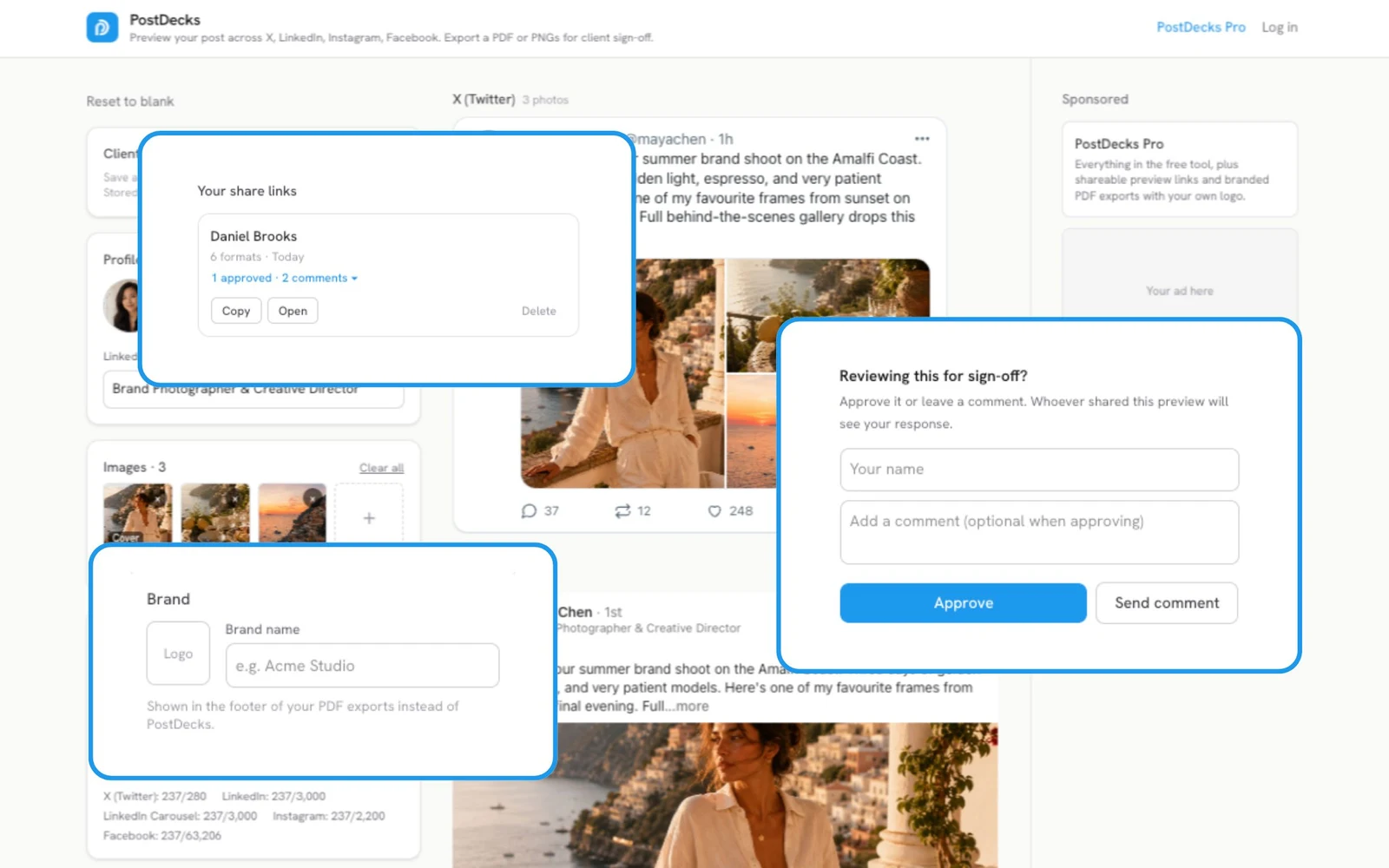 PostDecks Pro features: share links with approval and comments, client review panel, and brand logo for exports